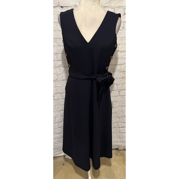 NWT Calvin Klein Belt Sleeveless Blue V-Neck Midi Dress with Side Buttons Size 6 - Picture 1 of 9